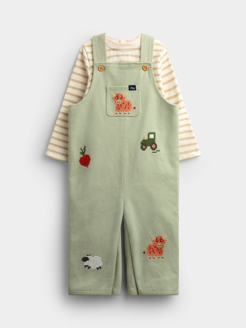 Dsiney Kidz - JoJo Maman Bébé Sage Green Cross Stitch Farm Dungaree Set image 1