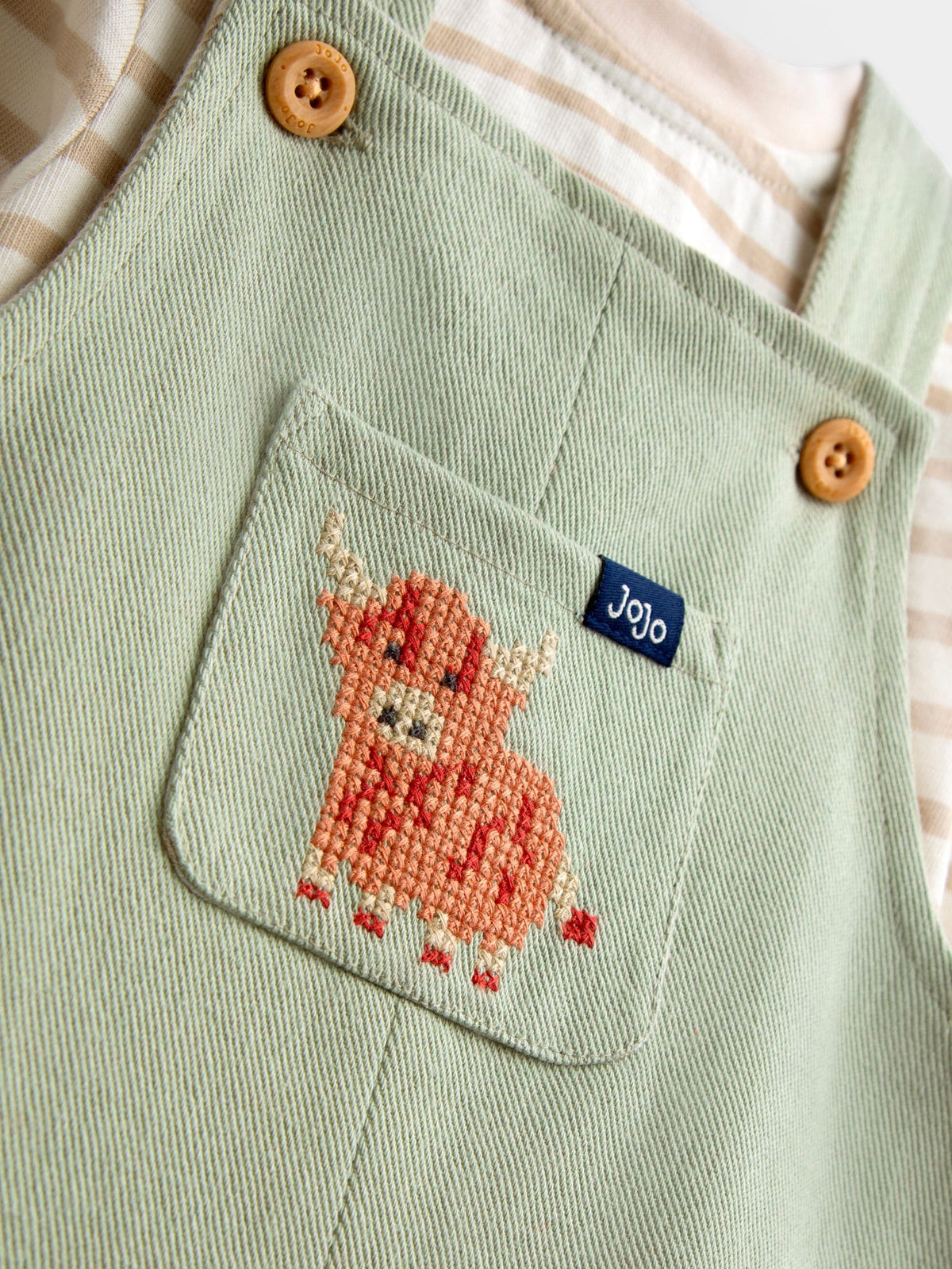 Dsiney Kidz - JoJo Maman Bébé Sage Green Cross Stitch Farm Dungaree Set image 6