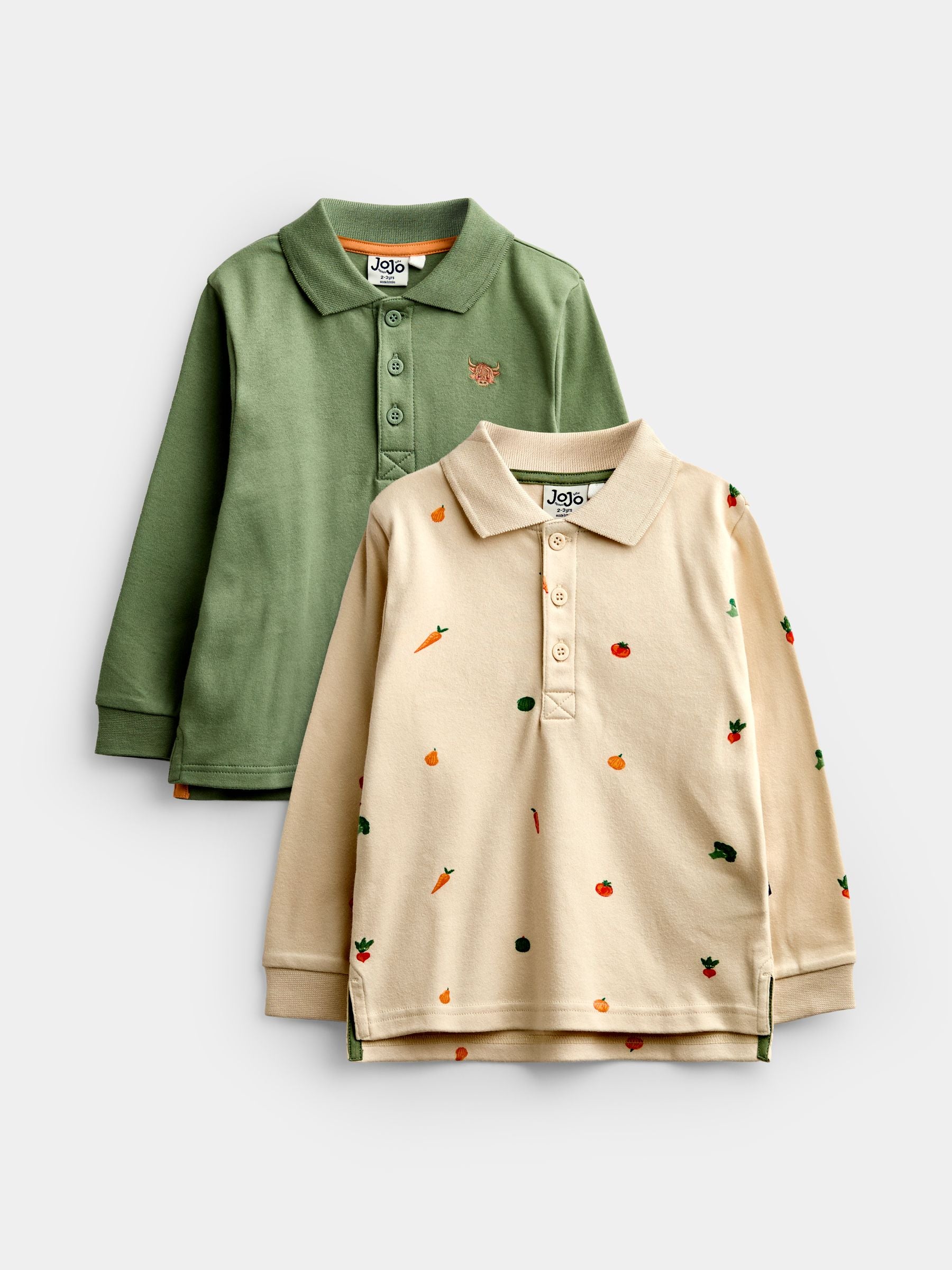 Dsiney Kidz - JoJo Maman Bébé Green & Natural Highland Cow 2-Pack Polo Shirts image 1