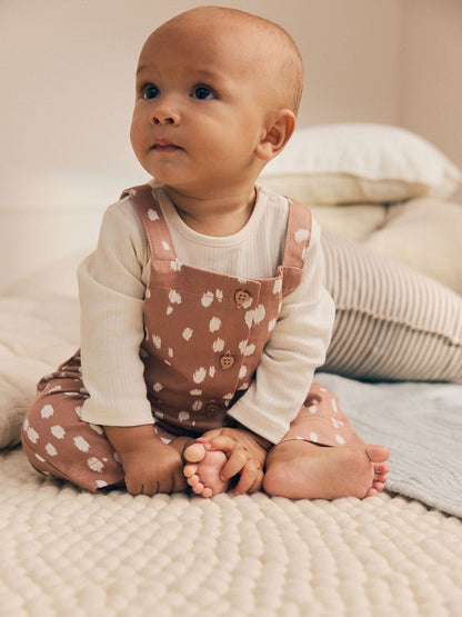 Tan Brown Spot Long Sleeve Bodysuit And Woven Dungarees Set 2 Piece (0mths-2yrs) - image 2