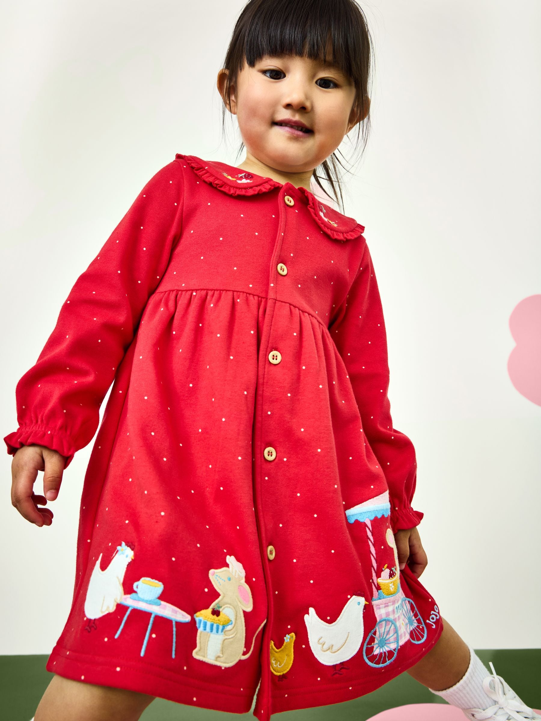 Dsiney Kidz - JoJo Maman Bébé Red Animal Market Appliqué Button Front Dress image 2