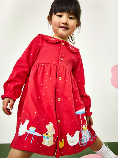 Dsiney Kidz - JoJo Maman Bébé Red Animal Market Appliqué Button Front Dress image 2