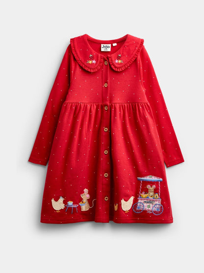Dsiney Kidz - JoJo Maman Bébé Red Animal Market Appliqué Button Front Dress image 3