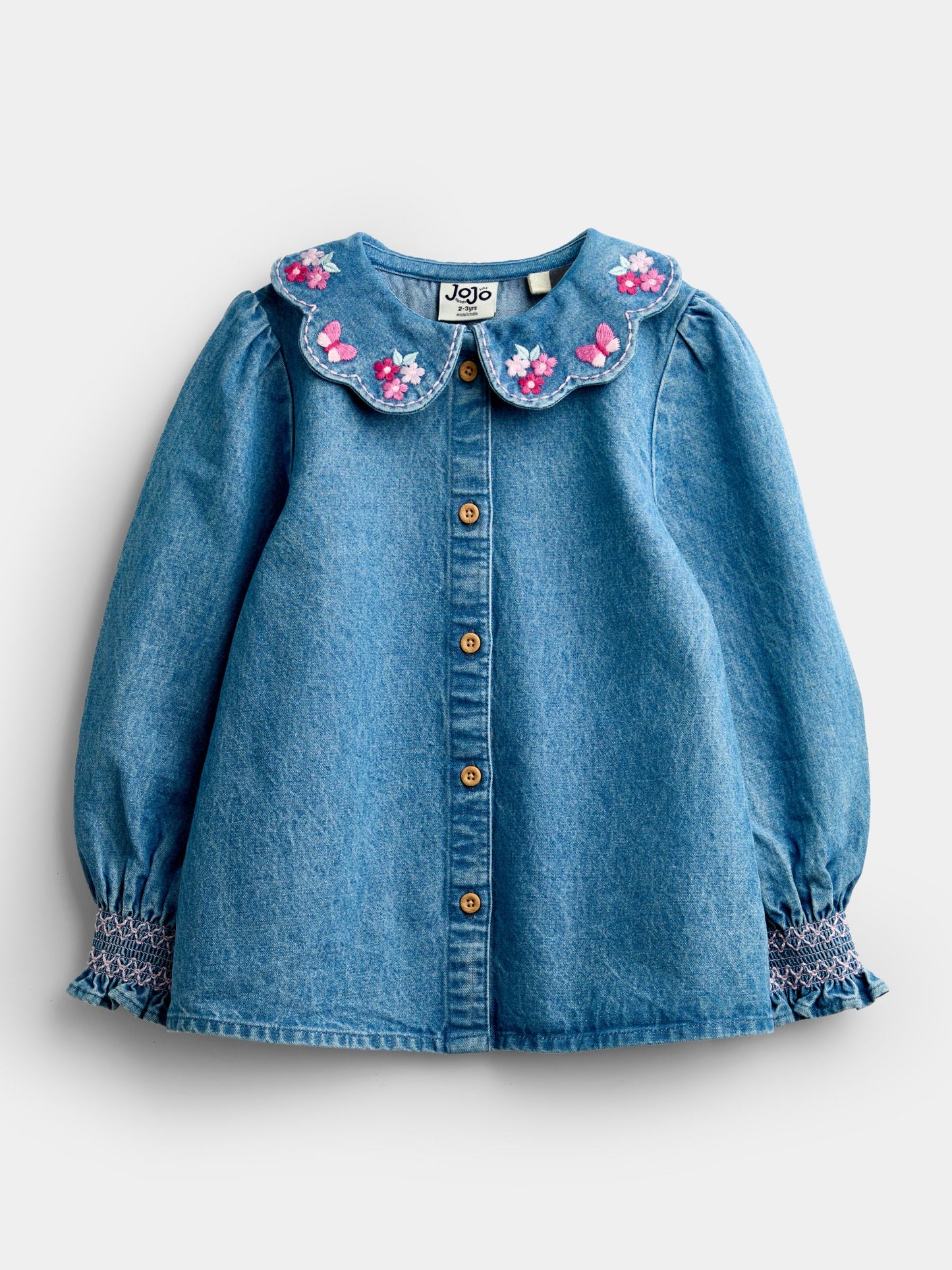 Dsiney Kidz - JoJo Maman Bébé Blue Chambray Floral Embroidered Shirt image 1