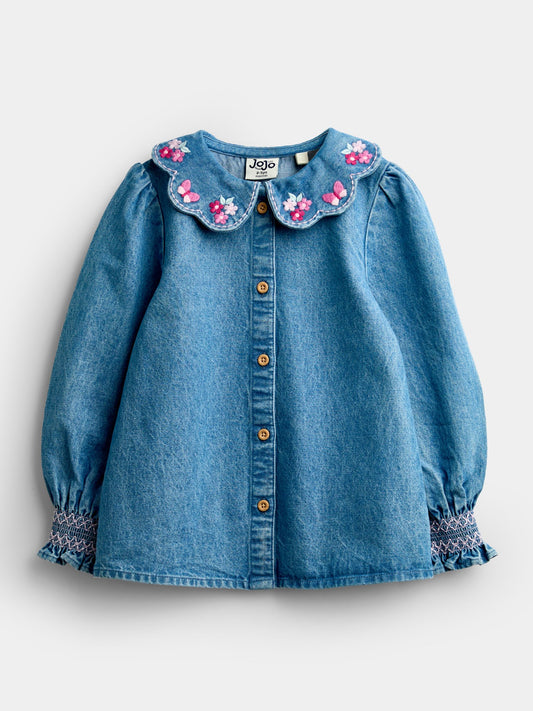 Dsiney Kidz - JoJo Maman Bébé Blue Chambray Floral Embroidered Shirt image 1