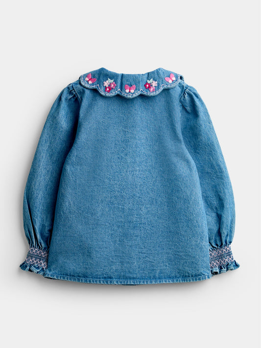 Dsiney Kidz - JoJo Maman Bébé Blue Chambray Floral Embroidered Shirt image 2