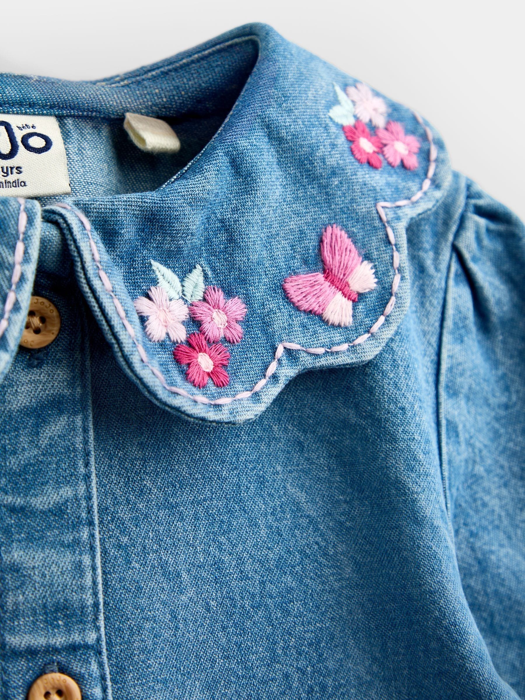 Dsiney Kidz - JoJo Maman Bébé Blue Chambray Floral Embroidered Shirt image 3