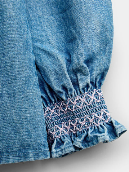 Dsiney Kidz - JoJo Maman Bébé Blue Chambray Floral Embroidered Shirt image 4