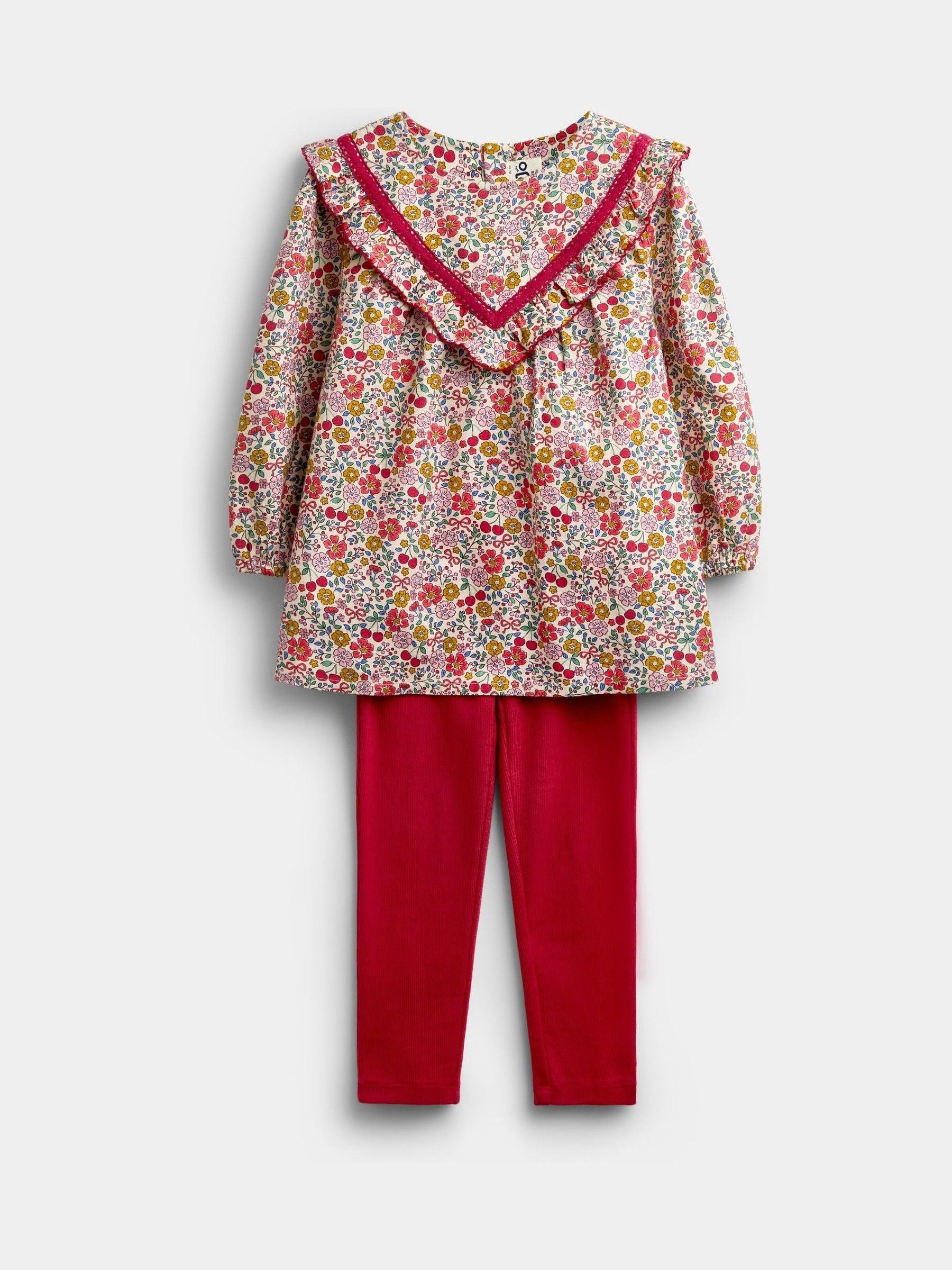 Dsiney Kidz - JoJo Maman Bébé Burgundy Red Floral Frill Top & Rib Legging Set image 1