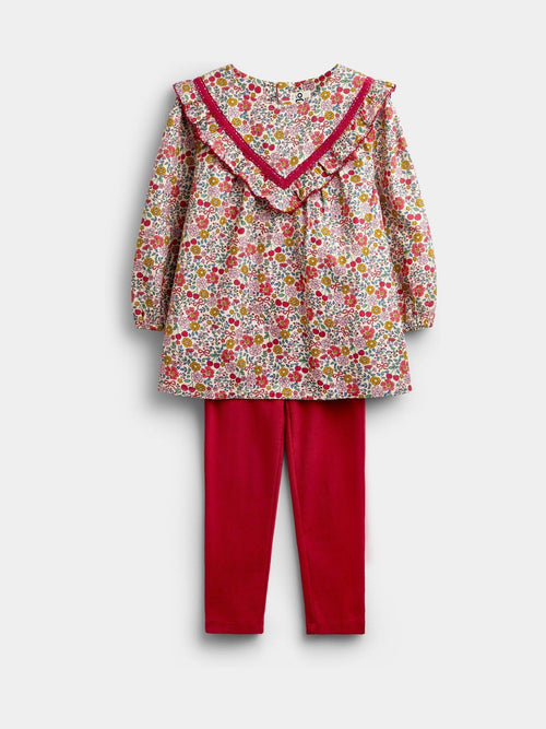 Dsiney Kidz - JoJo Maman Bébé Burgundy Red Floral Frill Top & Rib Legging Set image 1