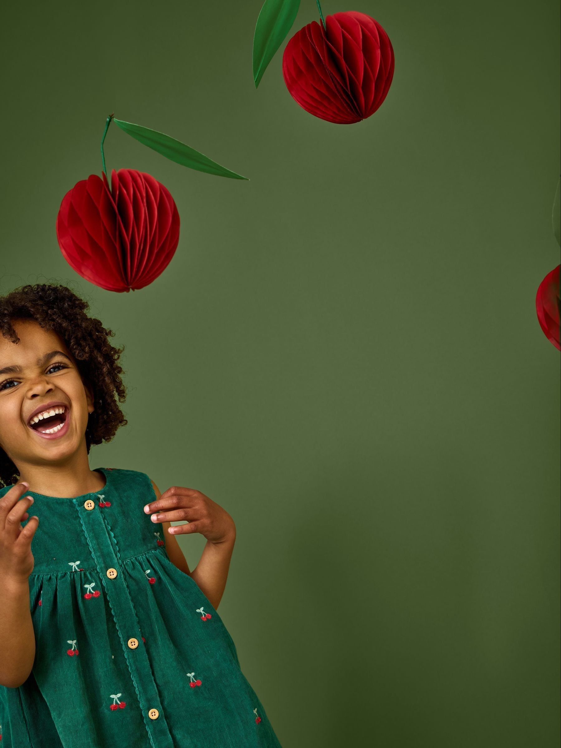 Dsiney Kidz - JoJo Maman Bébé Green Cherry Embroidered Cord Dress image 5