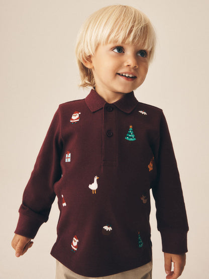 Dsiney Kidz - Burgundy Red Long Sleeve Christmas Embroidered Polo Shirt (3mths-7yrs) image 1