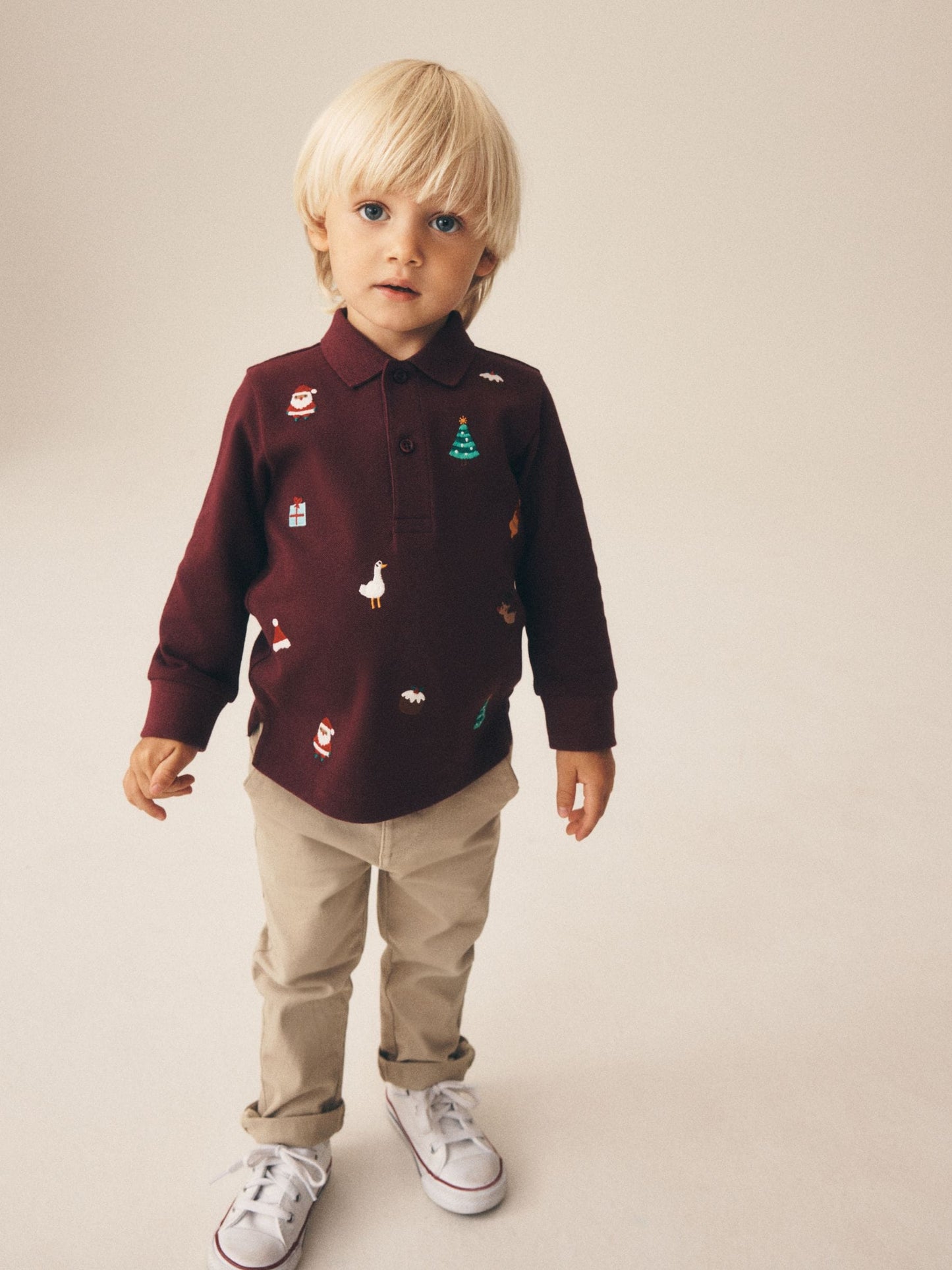 Dsiney Kidz - Burgundy Red Long Sleeve Christmas Embroidered Polo Shirt (3mths-7yrs) image 2