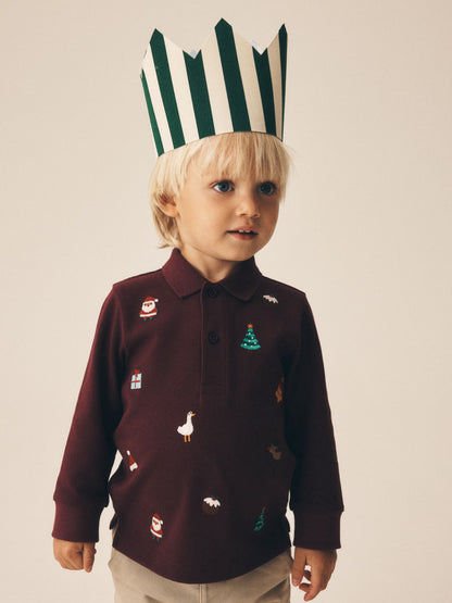Dsiney Kidz - Burgundy Red Long Sleeve Christmas Embroidered Polo Shirt (3mths-7yrs) image 4