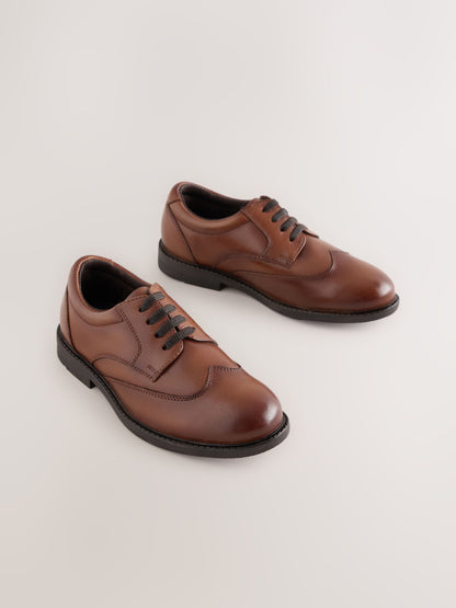 Tan Brown Leather Elastic Lace Wing Cap Shoes image 1