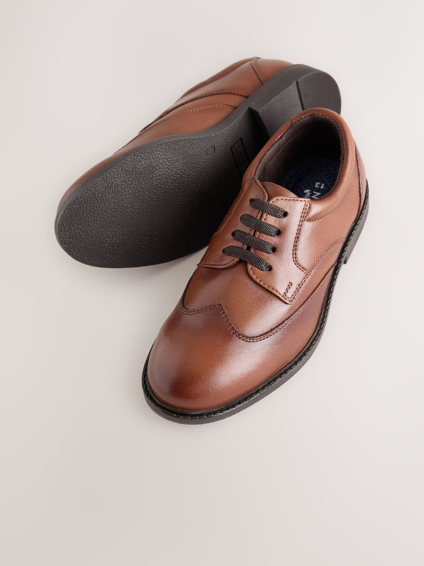 Tan Brown Leather Elastic Lace Wing Cap Shoes image 3
