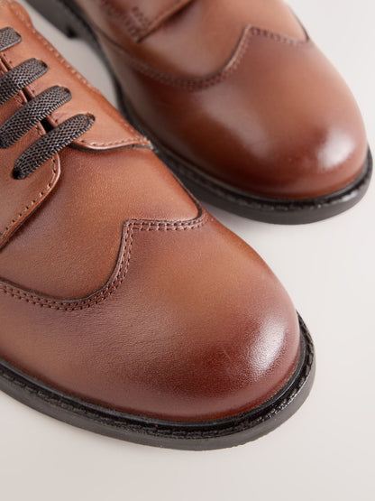 Tan Brown Leather Elastic Lace Wing Cap Shoes image 5