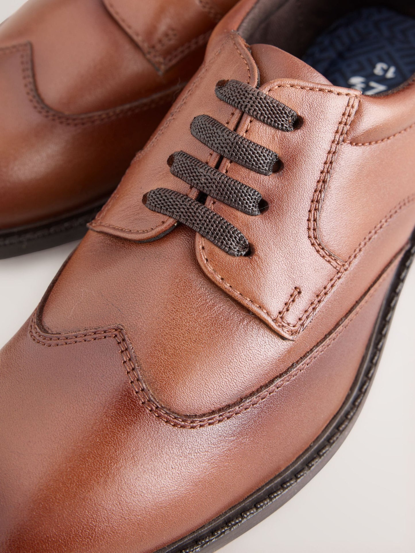 Tan Brown Leather Elastic Lace Wing Cap Shoes image 6