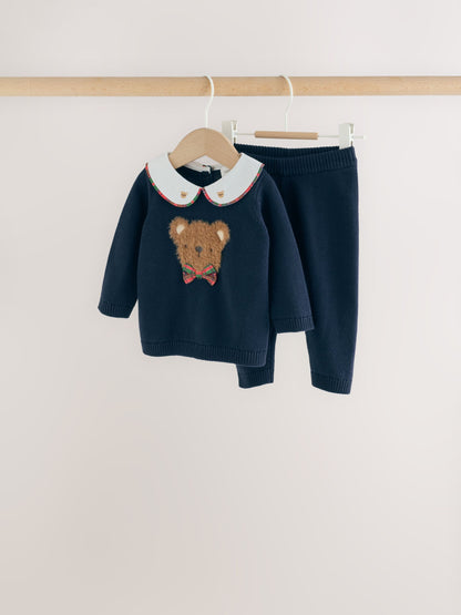 Navy Blue Bear Knitted Jumper and Leggings Baby Set (0mths-2yrs) - image 1