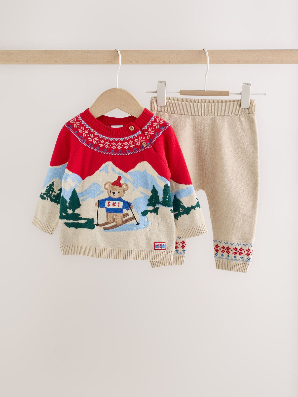 Neutral/Red Bear Ski Scene Baby Knitted Jumper and Leggings Set (0mths-2yrs) - image 1