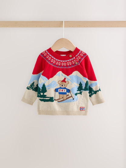 Neutral/Red Bear Ski Scene Baby Knitted Jumper and Leggings Set (0mths-2yrs) - image 4