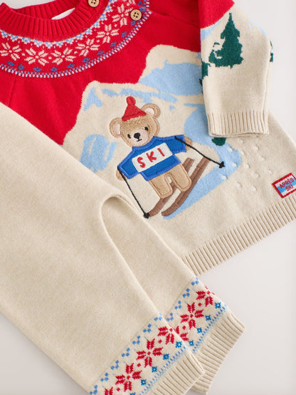 Neutral/Red Bear Ski Scene Baby Knitted Jumper and Leggings Set (0mths-2yrs) - image 7