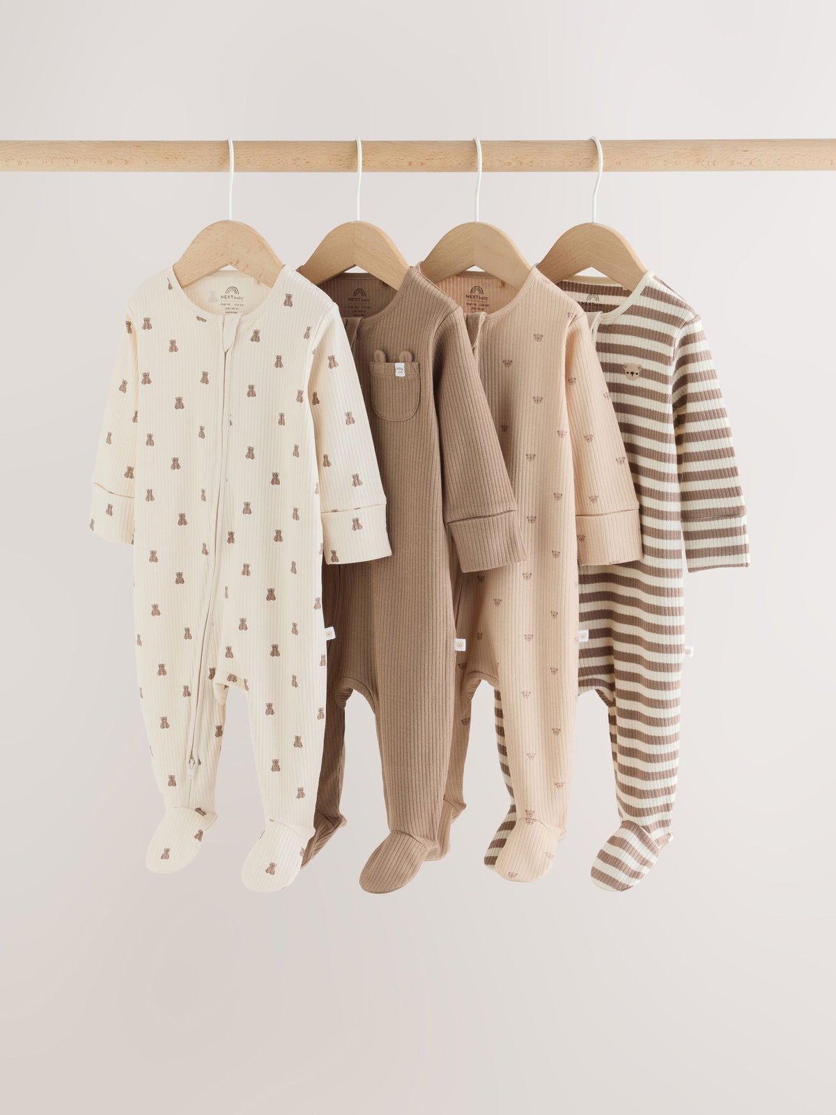 Dsiney Kidz - Neutral Brown Bear Two Way Zip Baby Sleepsuits 4 Pack (0mths-2yrs) image 1