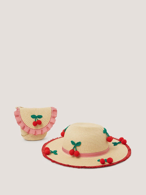 Monsoon Natural Crochet Cherry Straw Hat & Bag Set image 1