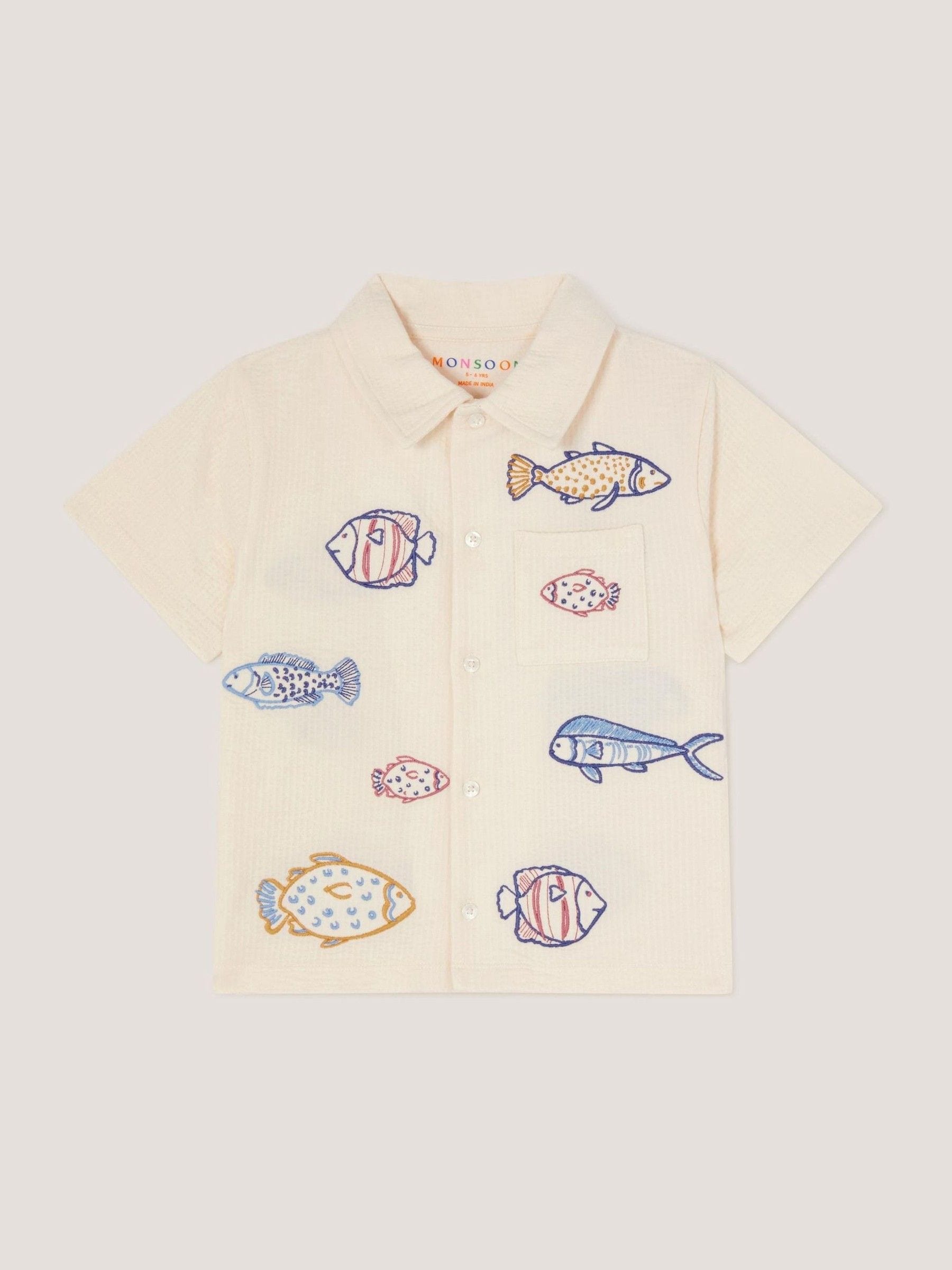 Dsiney Kidz - Monsoon Cream Embroidered Fish Short Sleeve Shirt image 2