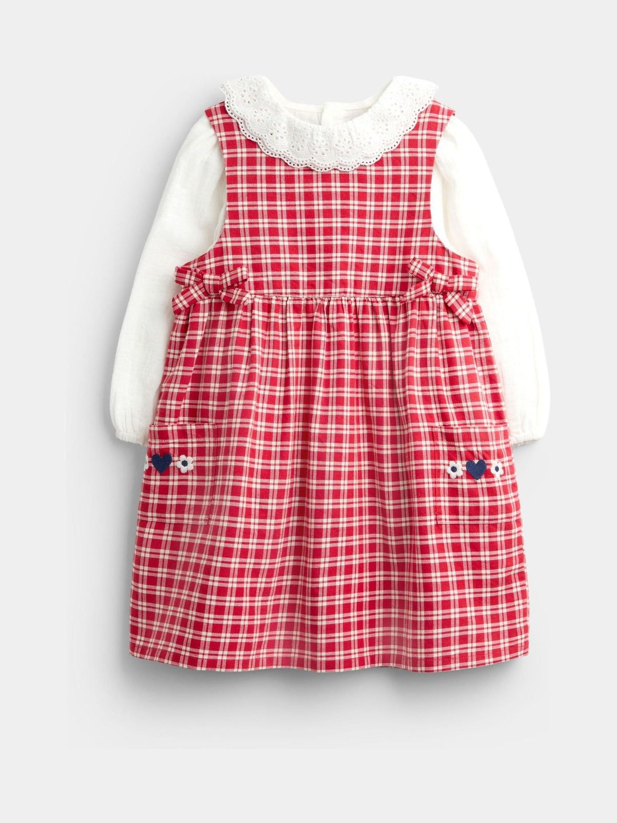 JoJo Maman Bébé Bright Red Check Embroidered Pinafore Dress & Blouse Set - image 1