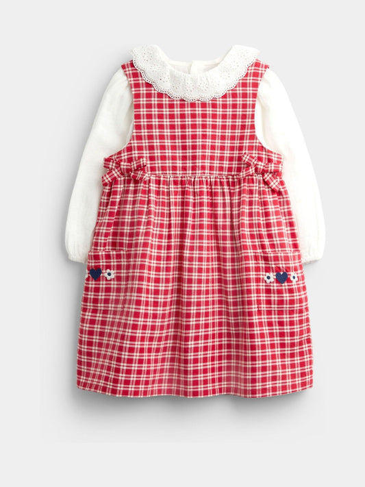 JoJo Maman Bébé Bright Red Check Embroidered Pinafore Dress & Blouse Set - image 1