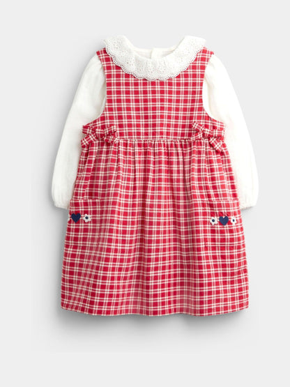 Dsiney Kidz - JoJo Maman Bébé Bright Red Check Embroidered Pinafore Dress & Blouse Set image 1