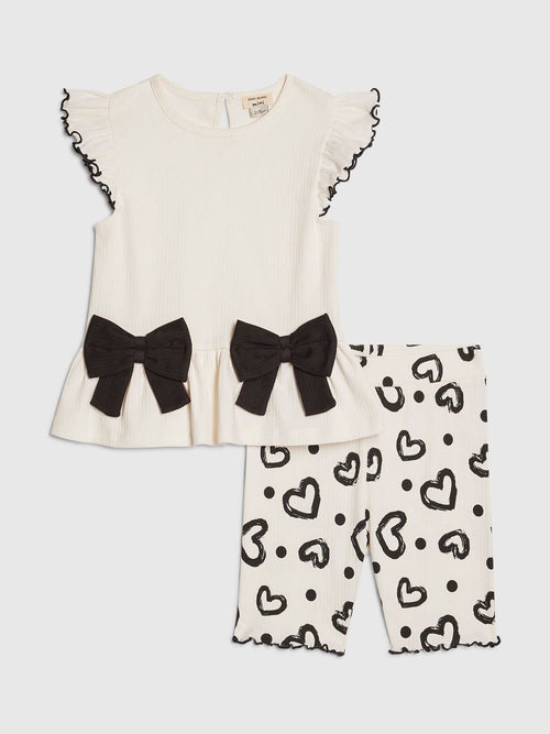 Dsiney Kidz - River Island Cream Peplum Bow Top & Rib Shorts Set image 1
