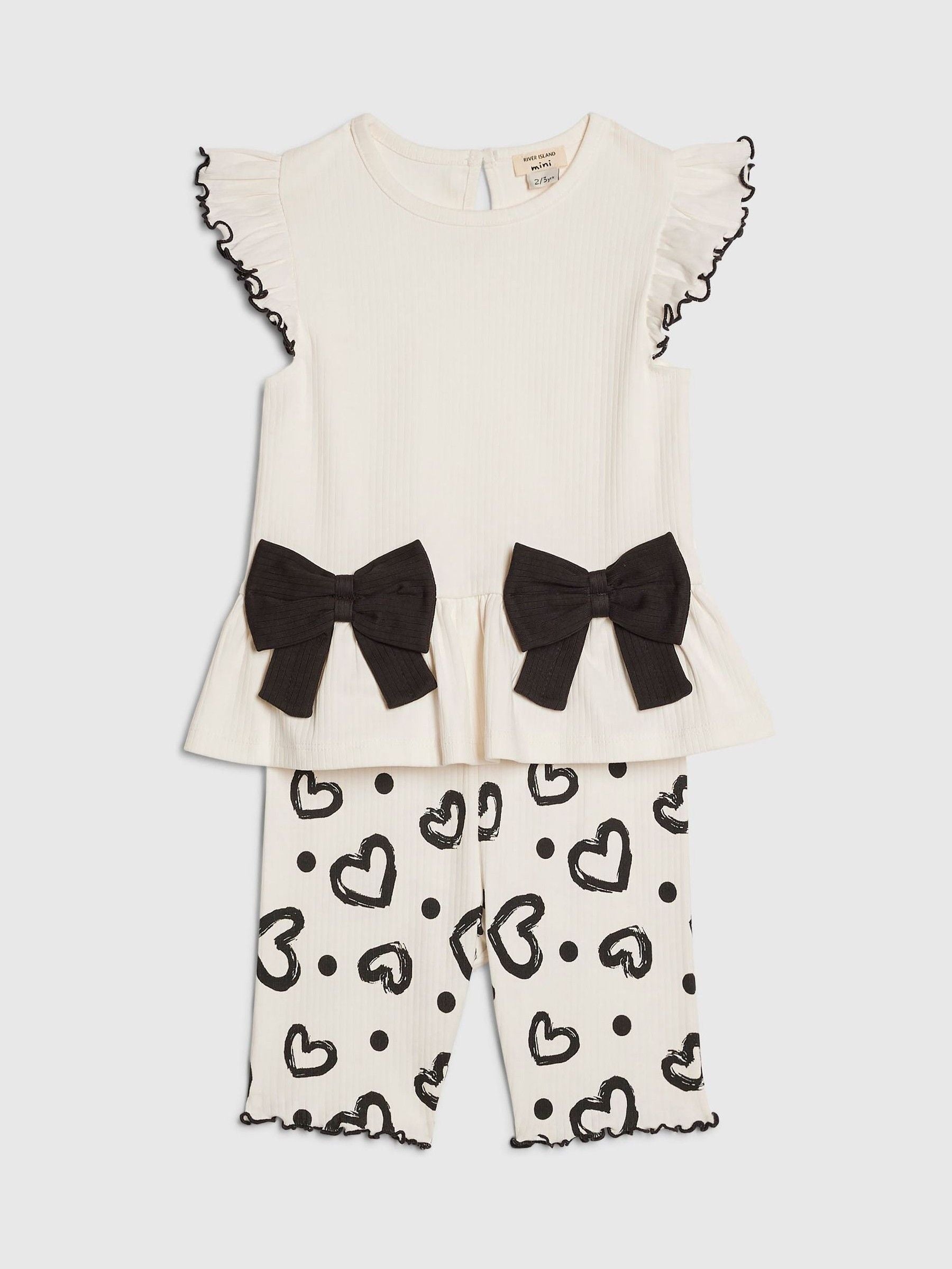 River Island Cream Peplum Bow Top & Rib Shorts Set image 3