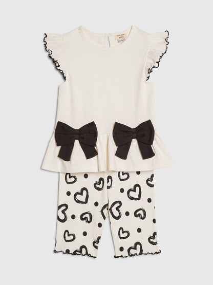 River Island Cream Peplum Bow Top & Rib Shorts Set image 3