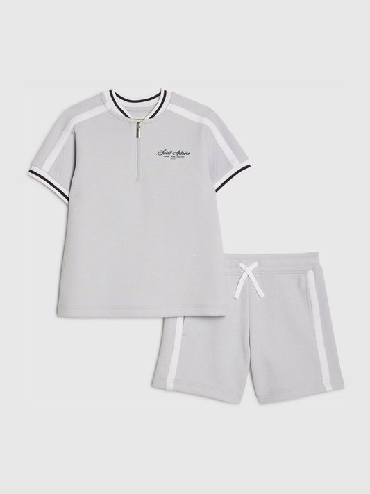 River Island Grey Slim Fit Baseball Polo & Shorts Set image 1