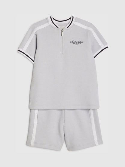 River Island Grey Slim Fit Baseball Polo & Shorts Set image 3