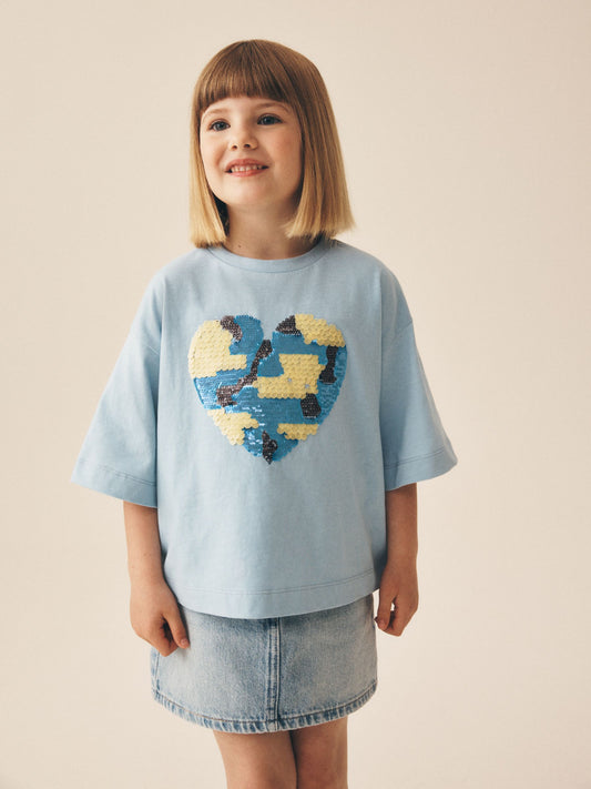 Dsiney Kidz - Light Blue Boxy Sequin Heart T-Shirt (3-16yrs) image 1