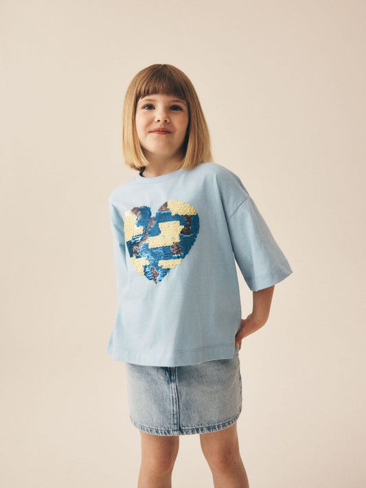 Dsiney Kidz - Light Blue Boxy Sequin Heart T-Shirt (3-16yrs) image 2