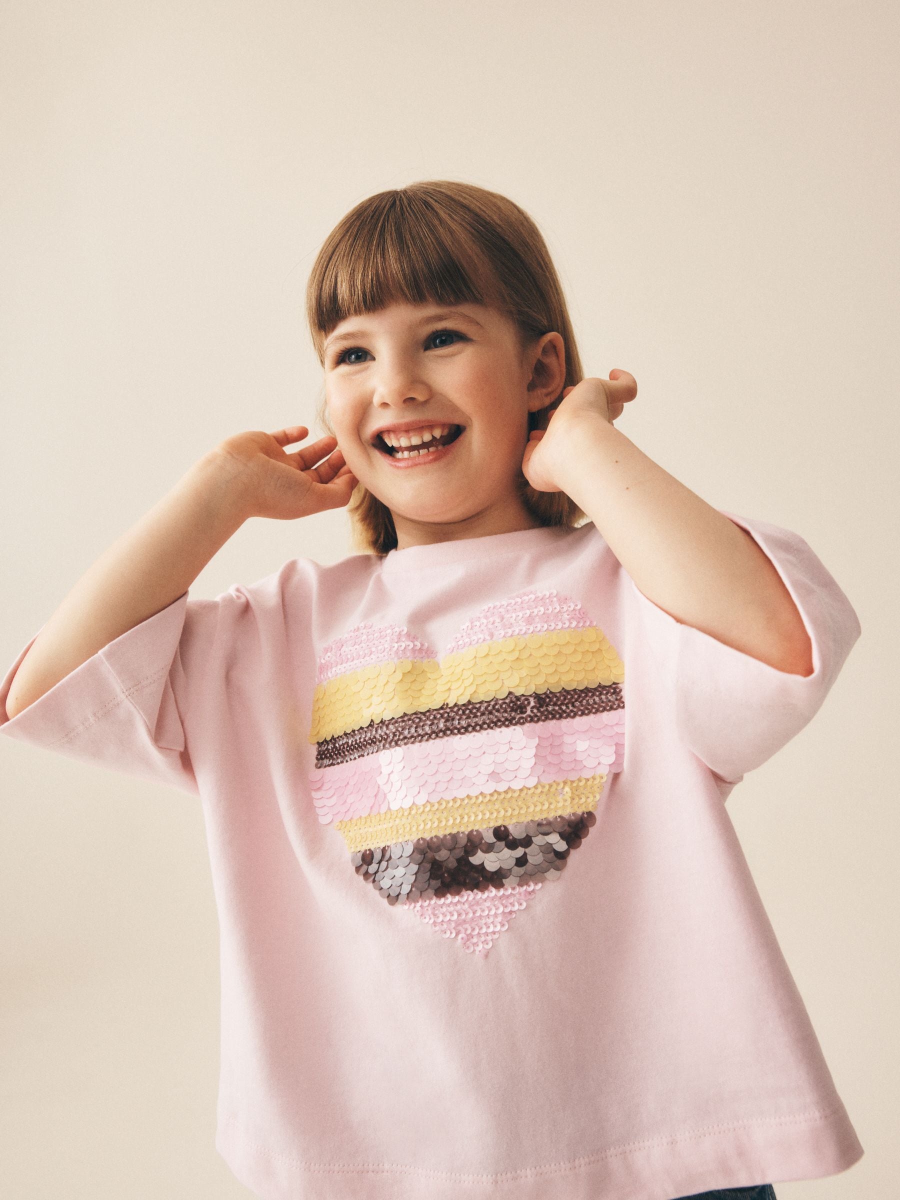 Dsiney Kidz - Light Pink Stripe Boxy Sequin Heart T-Shirt (3-16yrs) image 1