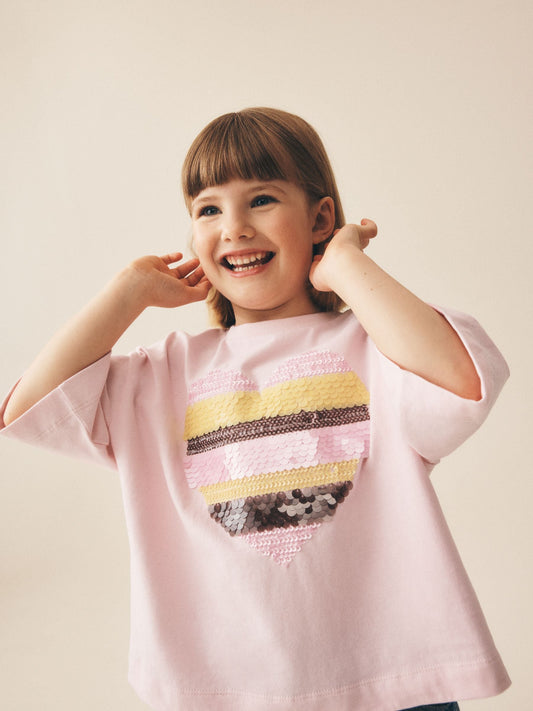 Dsiney Kidz - Light Pink Stripe Boxy Sequin Heart T-Shirt (3-16yrs) image 1