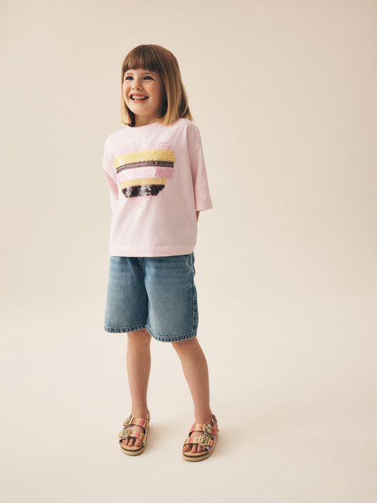 Dsiney Kidz - Light Pink Stripe Boxy Sequin Heart T-Shirt (3-16yrs) image 2