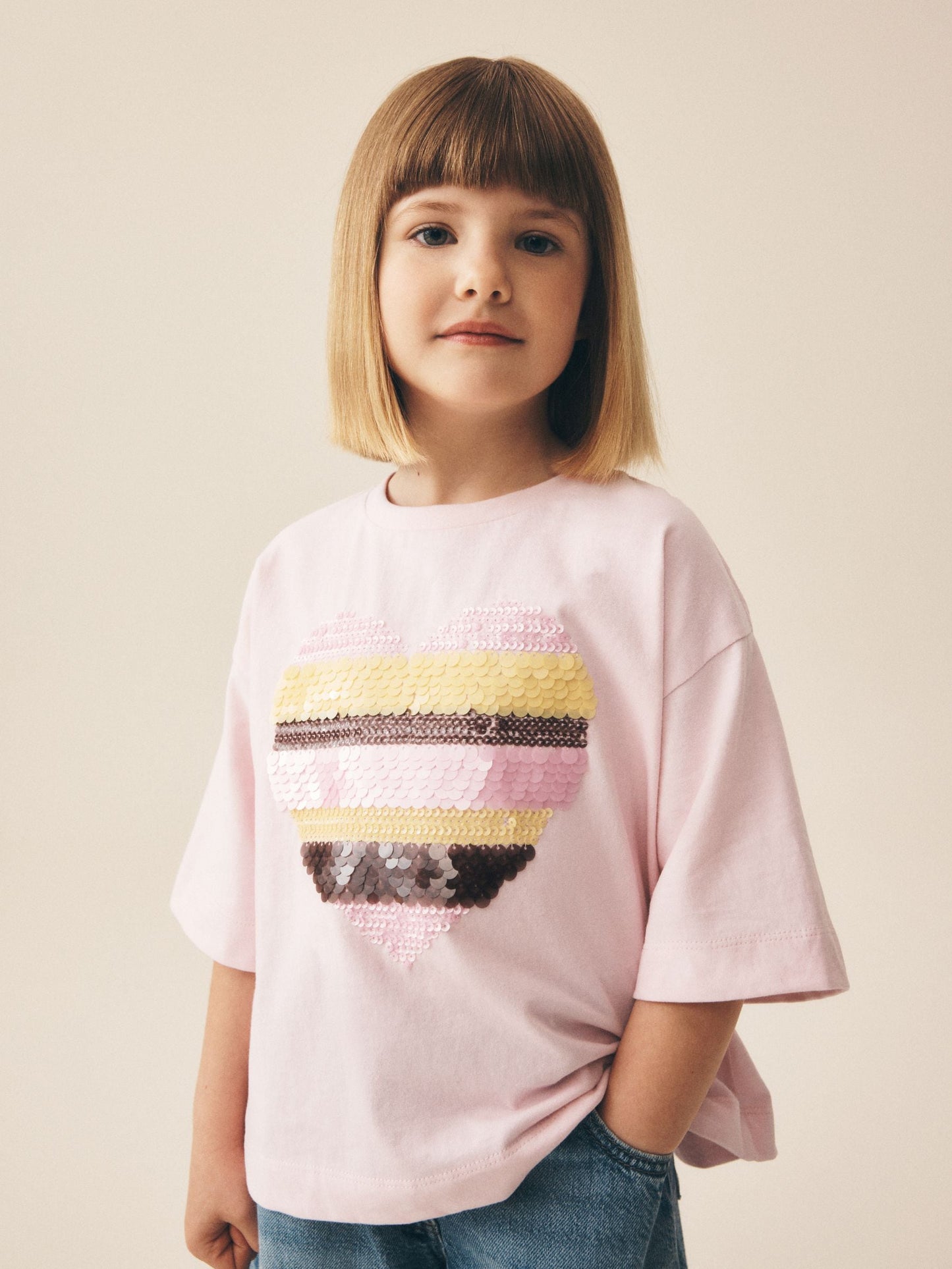Dsiney Kidz - Light Pink Stripe Boxy Sequin Heart T-Shirt (3-16yrs) image 3