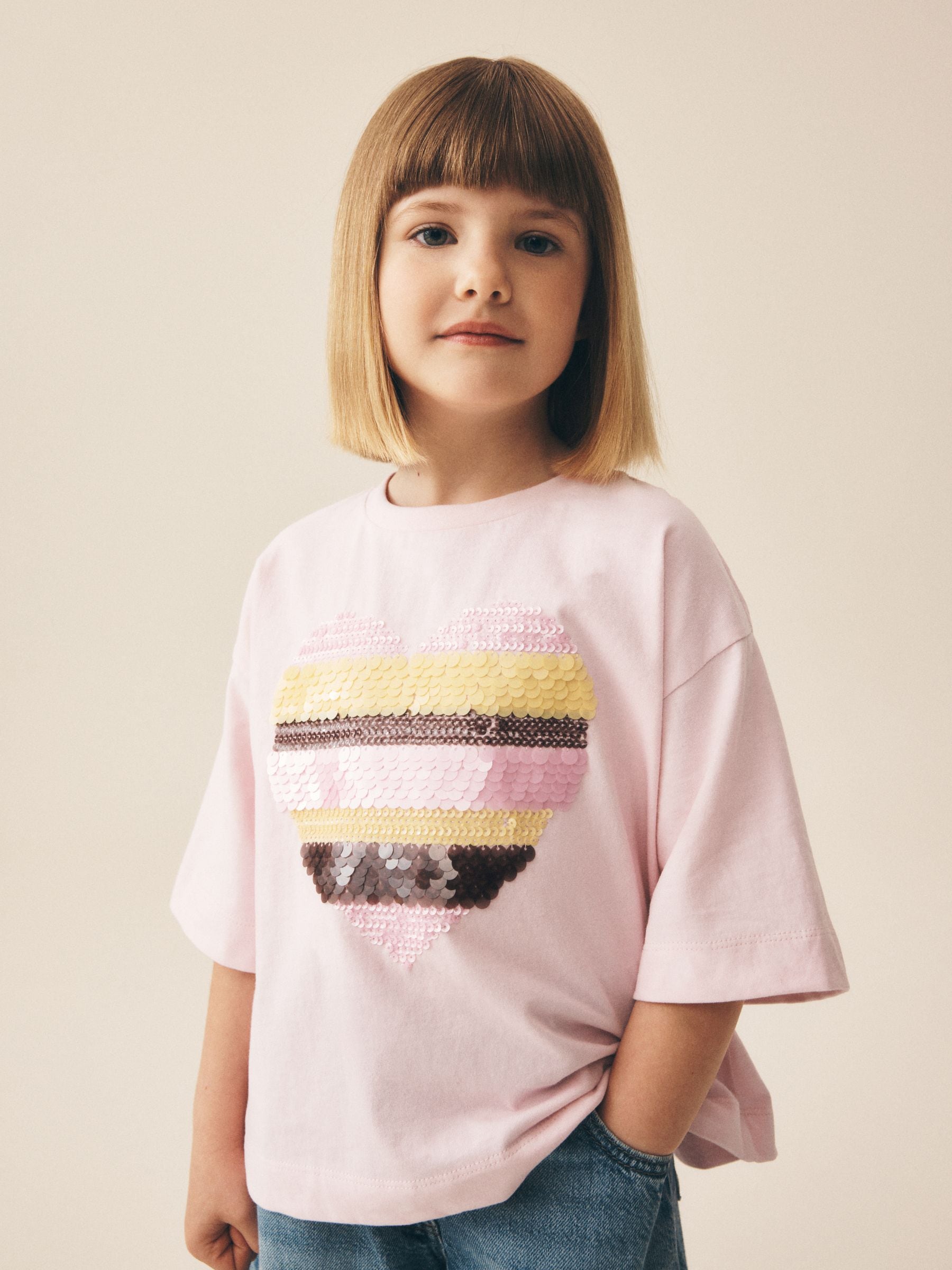 Dsiney Kidz - Light Pink Stripe Boxy Sequin Heart T-Shirt (3-16yrs) image 3
