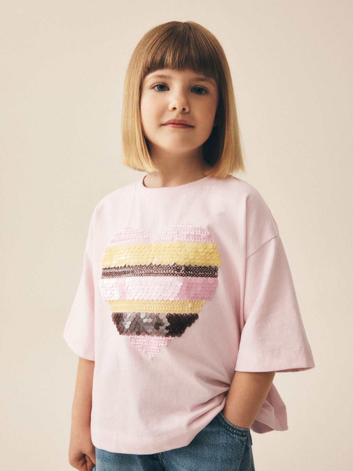 Dsiney Kidz - Light Pink Stripe Boxy Sequin Heart T-Shirt (3-16yrs) image 3