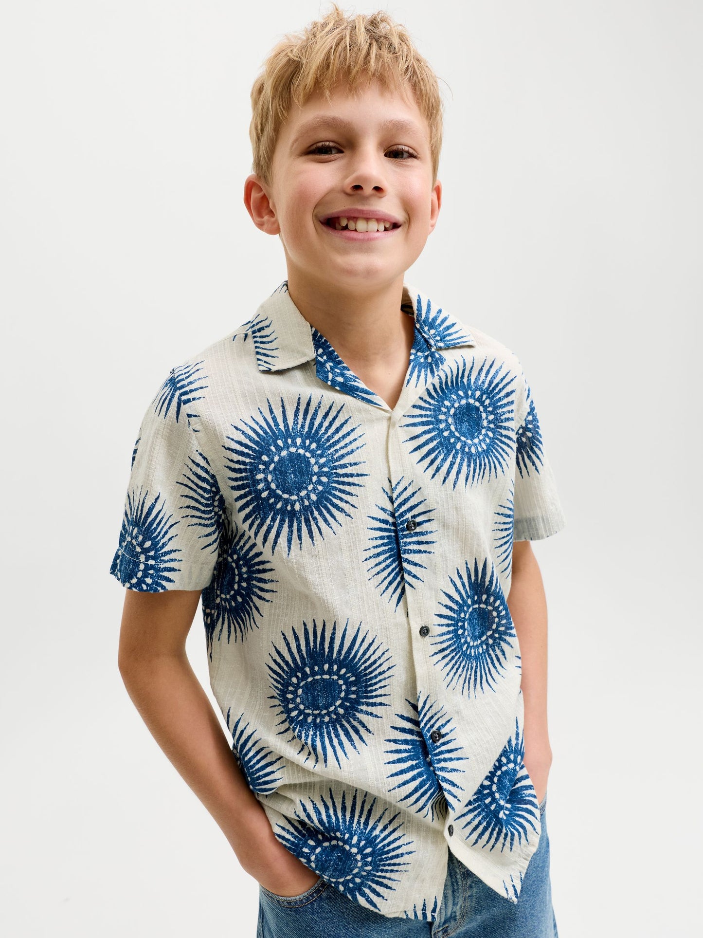 Dsiney Kidz - JACK & JONES JUNIOR Blue Cotton Resort Collar Short Sleeve Shirt image 1