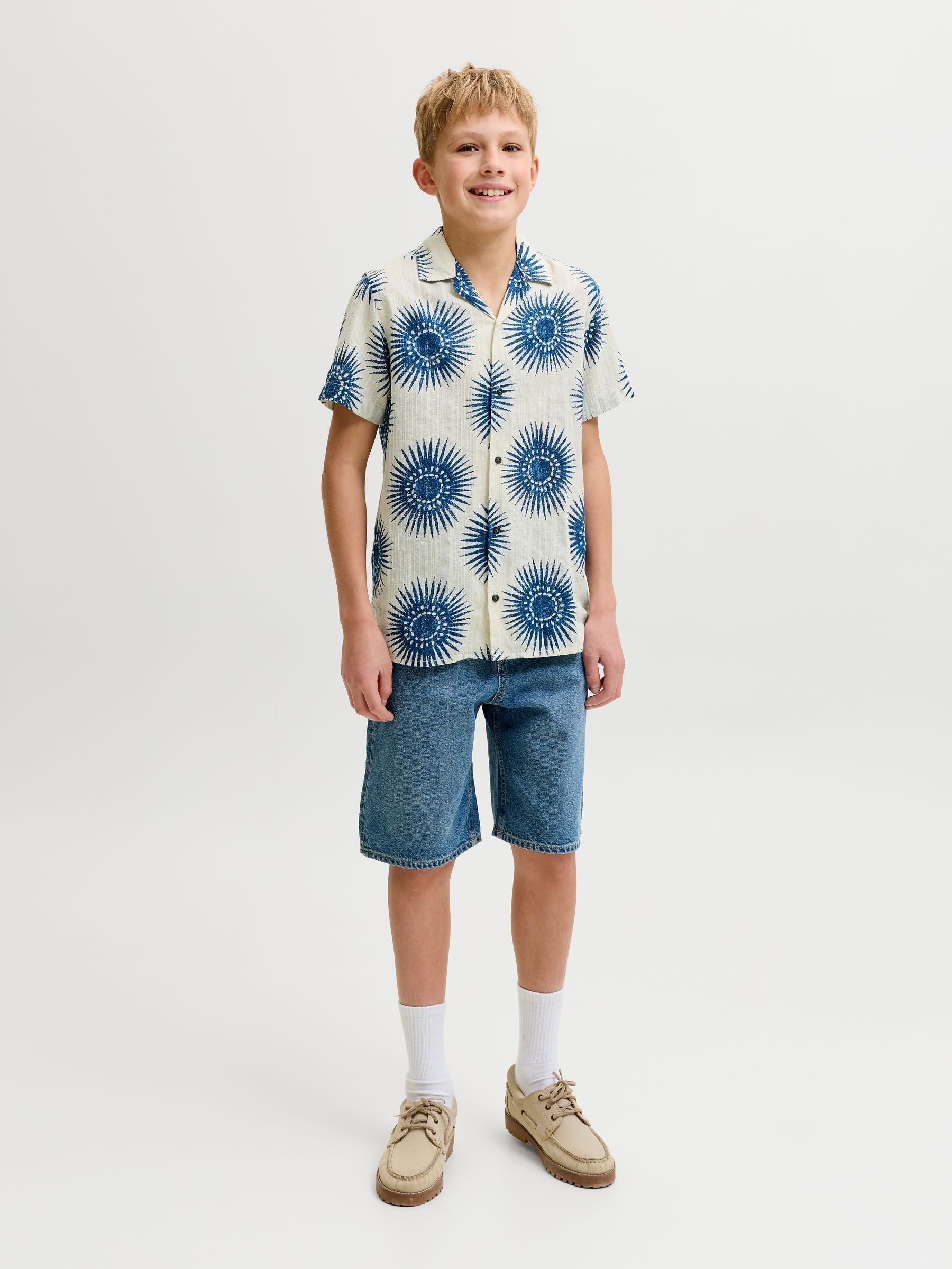 Dsiney Kidz - JACK & JONES JUNIOR Blue Cotton Resort Collar Short Sleeve Shirt image 2