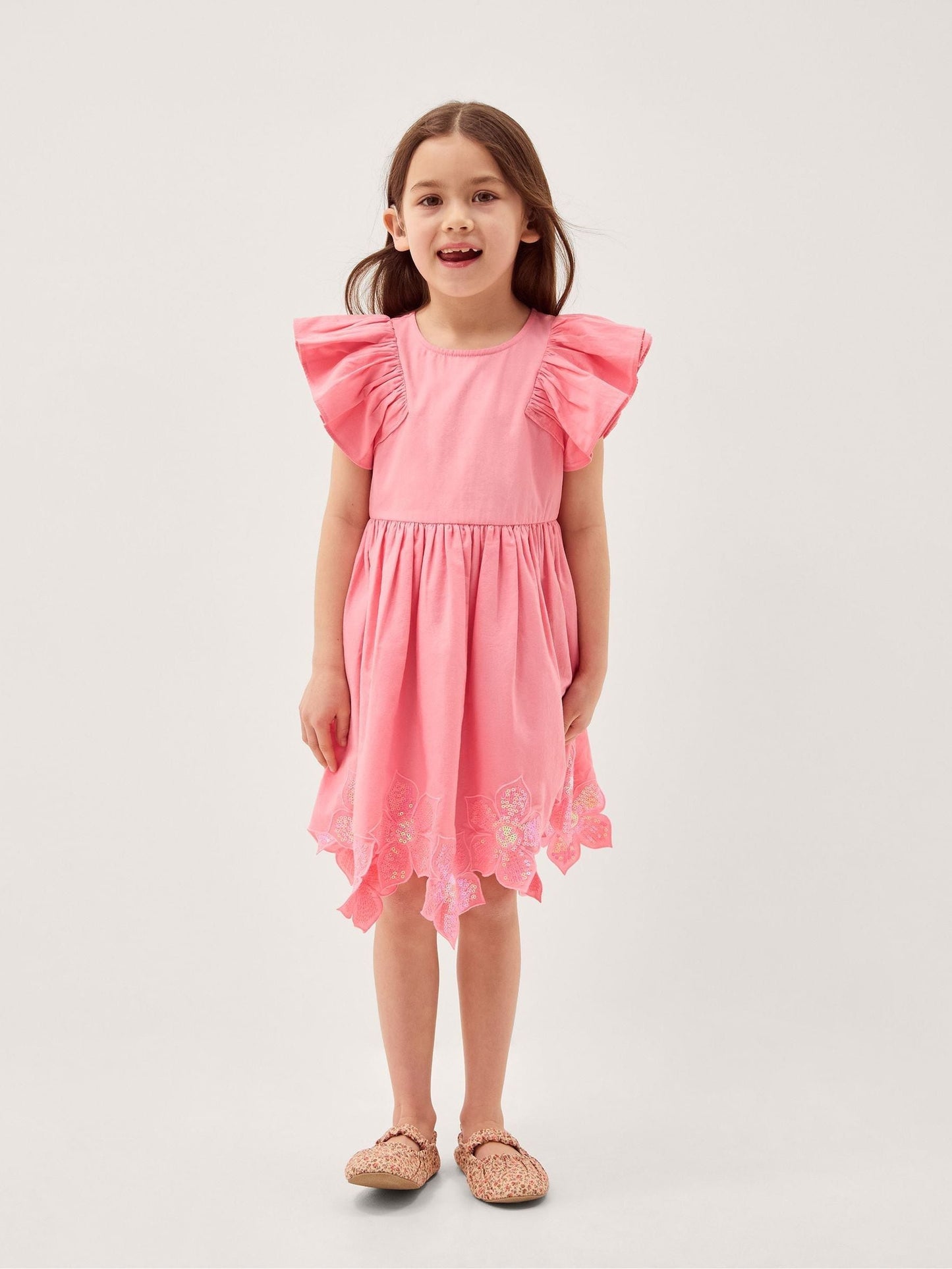 Monsoon Pink Flutter Sleeve Sequin Floral Dress image 1