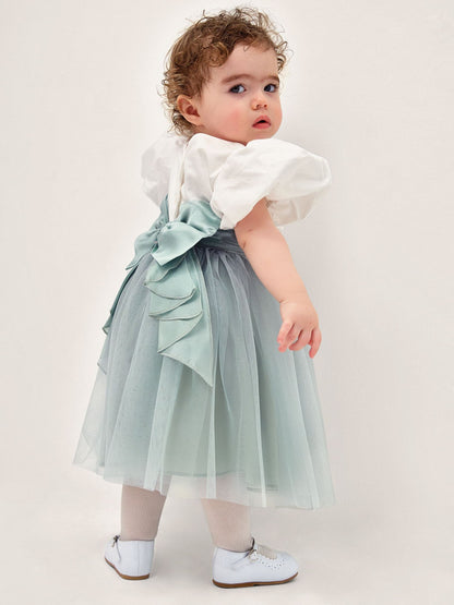 Monsoon Green Baby Puff Sleeve Sateen Tulle Party Dress image 1