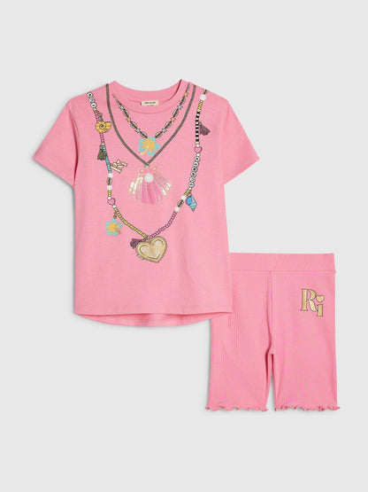 Dsiney Kidz - River Island Pink Necklace T-Shirt & Cycle Shorts Set image 1